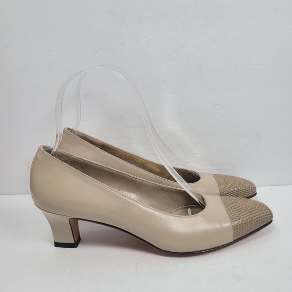Salvatore Ferragamo Beige Leather & Snakeskin Cap Toe Pumps US Size 6 AAAA - Picture 1 of 10